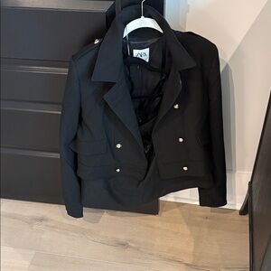 Zara Women's Black Blazer with Gold Buttons and matching black mini skirt.